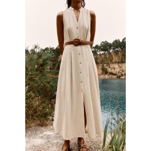 ZARA LINEN BLEND MIDI DRESS WITH BELT - Picture 1 of 9